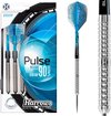 Fléchettes Harrows Pulse 90% Tungsten en emballage avec des tiges bleues 'Supergrip' et des ailettes à motif géométrique.