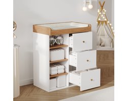 MIVRAY Babycommode – 2-in-1 Met Afneembare Reling En Lades – 82 x 50 x 100 Cm – MDF – Natural Wit – Opbergen En Verschonen