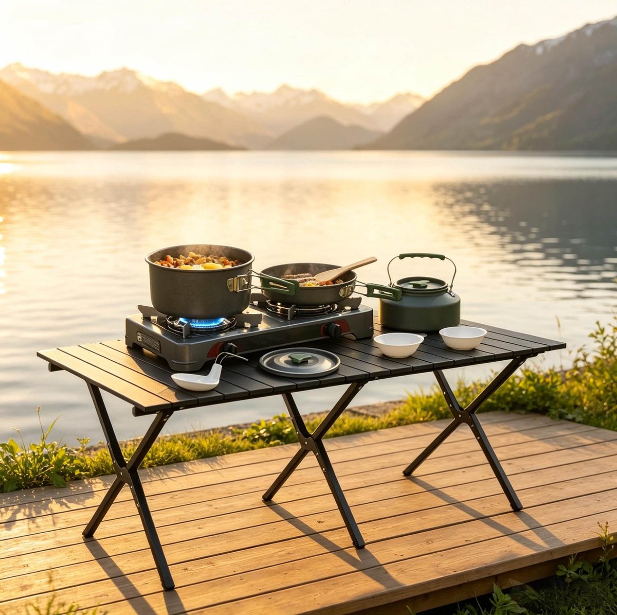 OKWISH Campingkookset – 11-delig – Aluminium – Opbergtas & Anti-hittegrepen – Voor Kamperen, Wandelen En Picknick – Grijs Groen