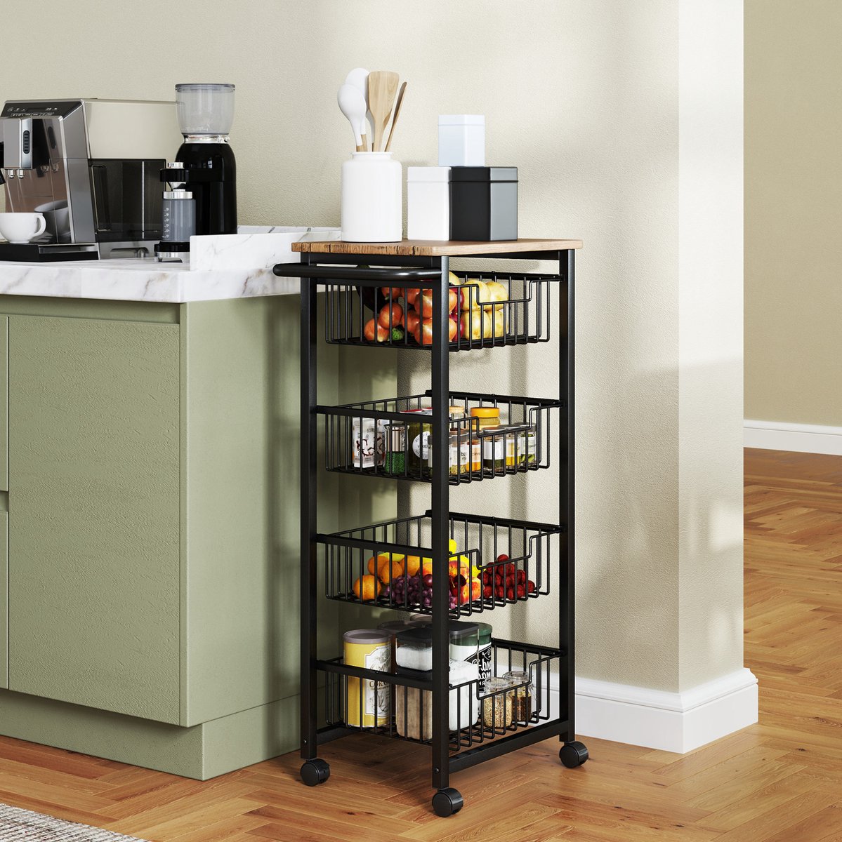 OKWISH Sidetable Met Arbeitsblad En 4 Uitneembare Stalen Korven – Compact Rollend Opbergrek Voor Keuken Of Bureau – MDF – Eiken