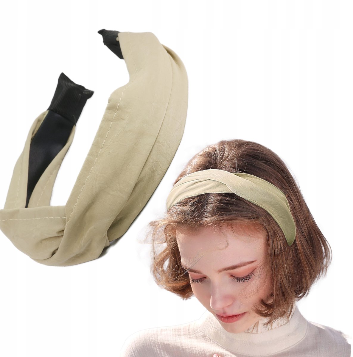 Modieuze Bandana met Knop - Beige Kunstleer