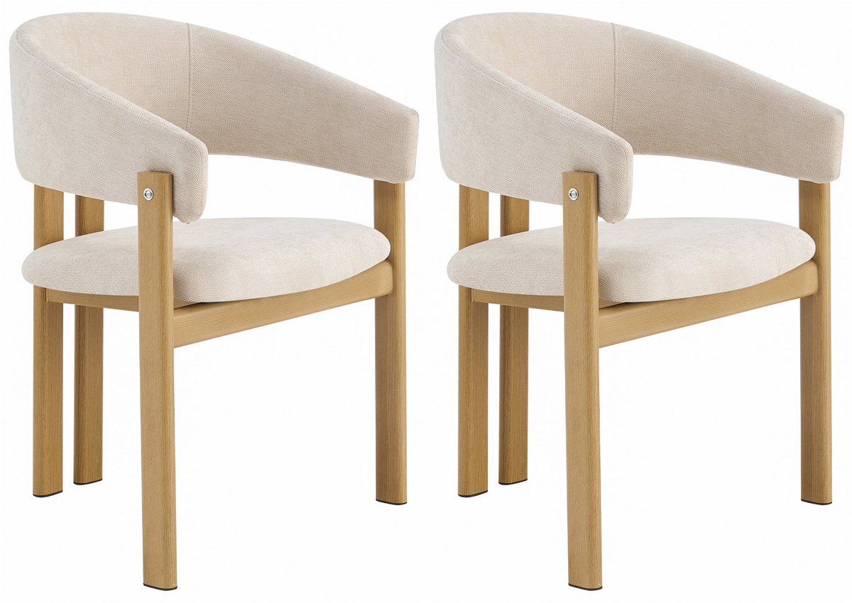 Merax Eetkamerstoelen Set Van 2 - Stoelen Met Armleuningen - Beige Linnen Bekleding - Metalen Frame Met Houtlook - Moderne Eetkamerstoelen Bruin