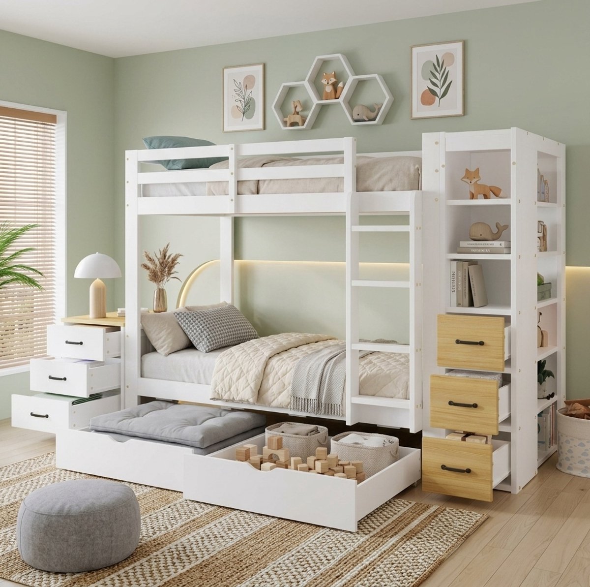 COVREO Stapelbed 90x200 cm wit hout, met 2 bedladen, opbergkast en ladder Wit; natuur