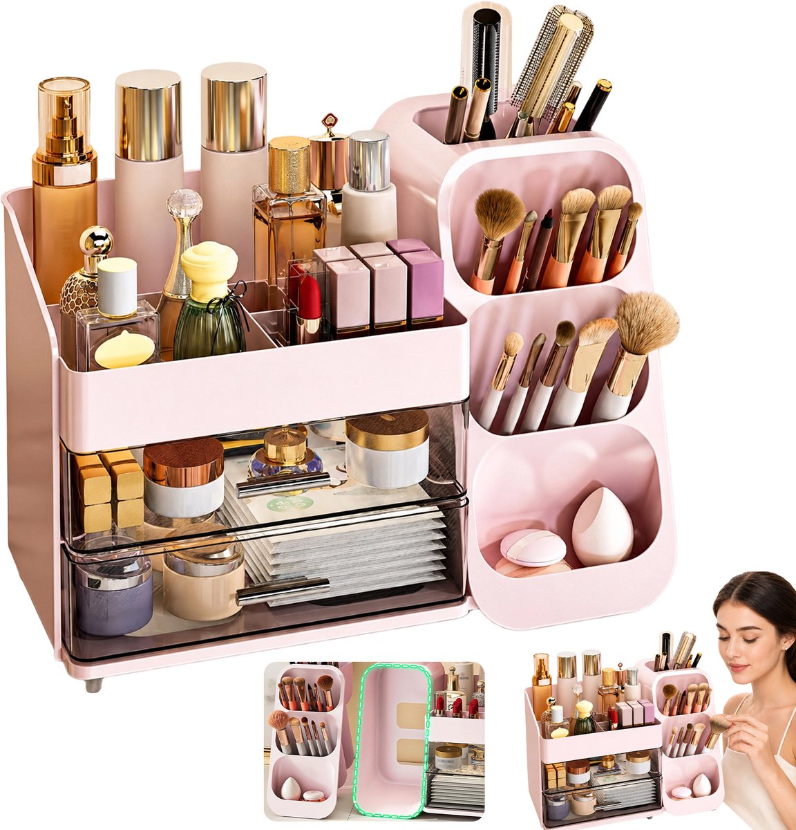 Wishdor Make-up organizer met lades - Grote cosmetica opbergdoos - Met uitneembare kwastenhouder - Voor huidverzorging en parfum - Kunststof - Roze - 34,2 x 17,5 x 25 cm