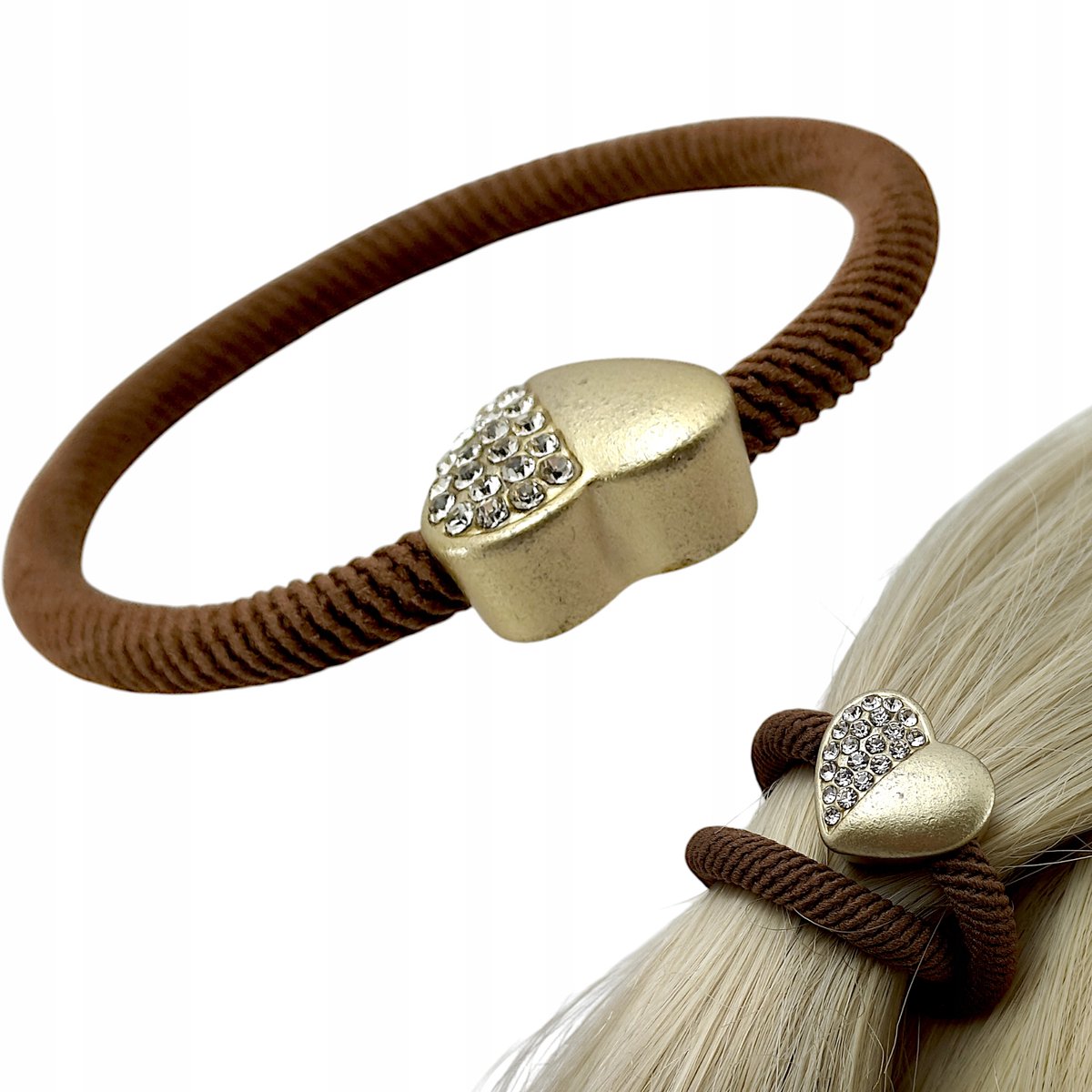 Set van 2 Bruine Haar Scrunchies met Gouden Hart en Zirkonia