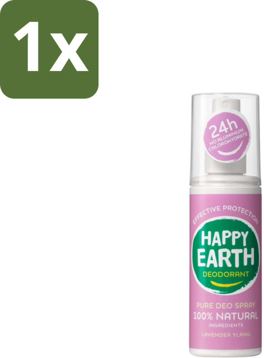 1 x Happy Earth – Deodorant Spray – 100% Natuurlijk Lavender Ylang – 100 ml - Natuurlijke Deodorant Spray - Lavendel Ylang - Geur - Huidvriendelijk - Geen Witte Vlekken