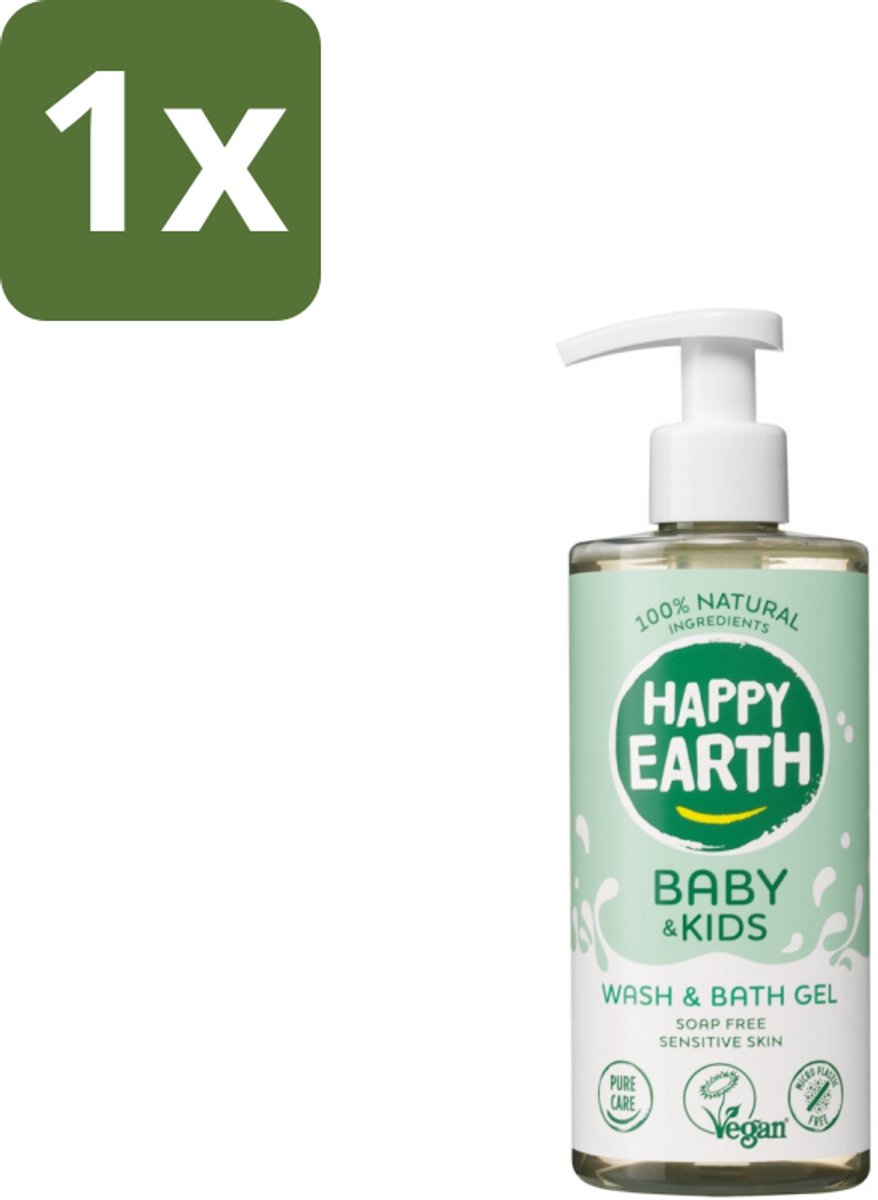 1 x Happy Earth – Was & Badgel – Zeepvrij Baby & Kids – 300 ml - Baby Wasgel - Zeepvrij Baby Wasgel - Huidverzachter - Allergeen Wasgel - 2-in-1 Wasgel