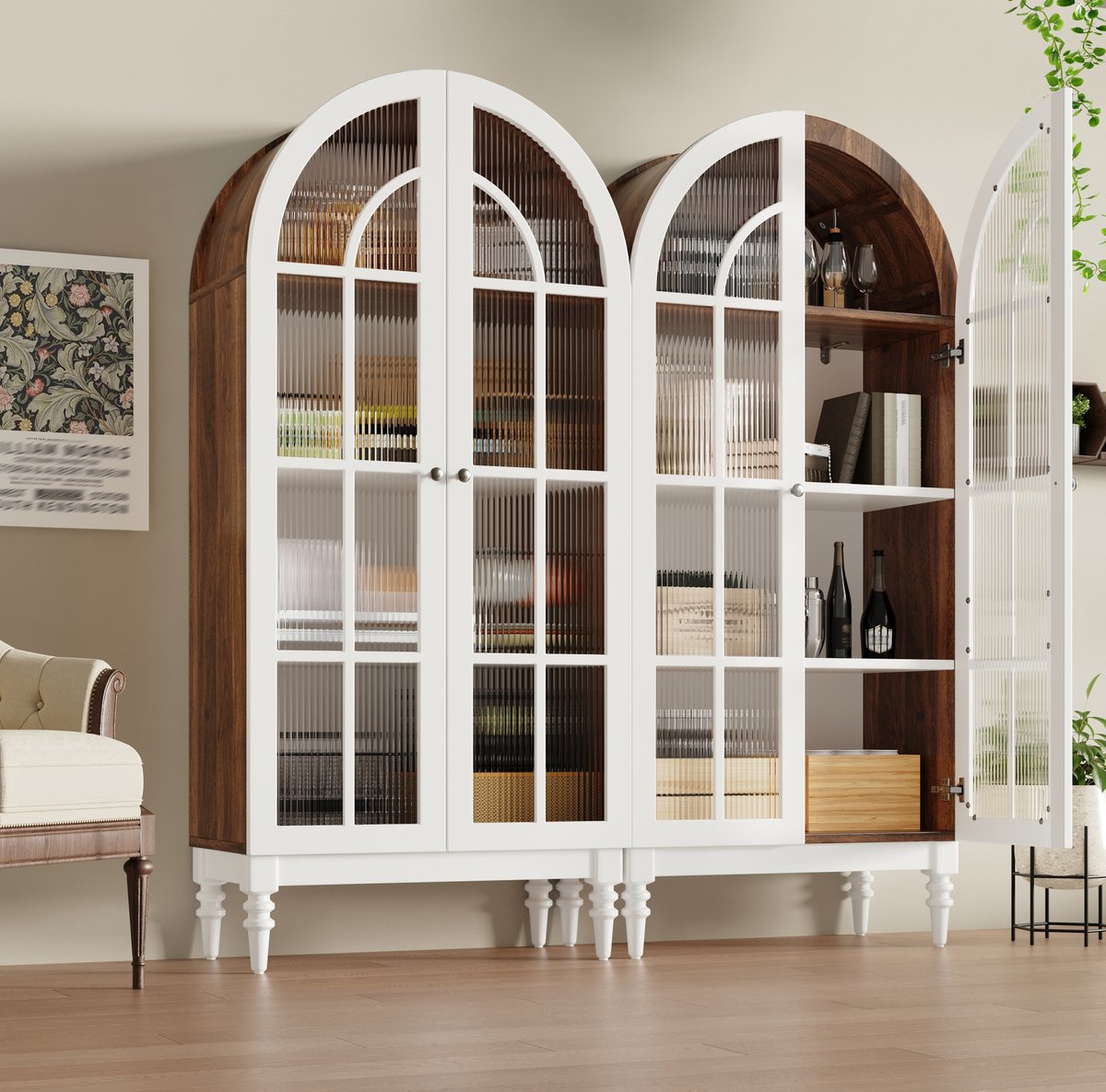Vitrinekast Met Boogvormige Bovenkant Dubbele Deuren Geribbeld Glas Drie Planken Voor Woonkamer En Eetkamer MDF En Metaal Wit Walnoot 76x38.5x165 Cm