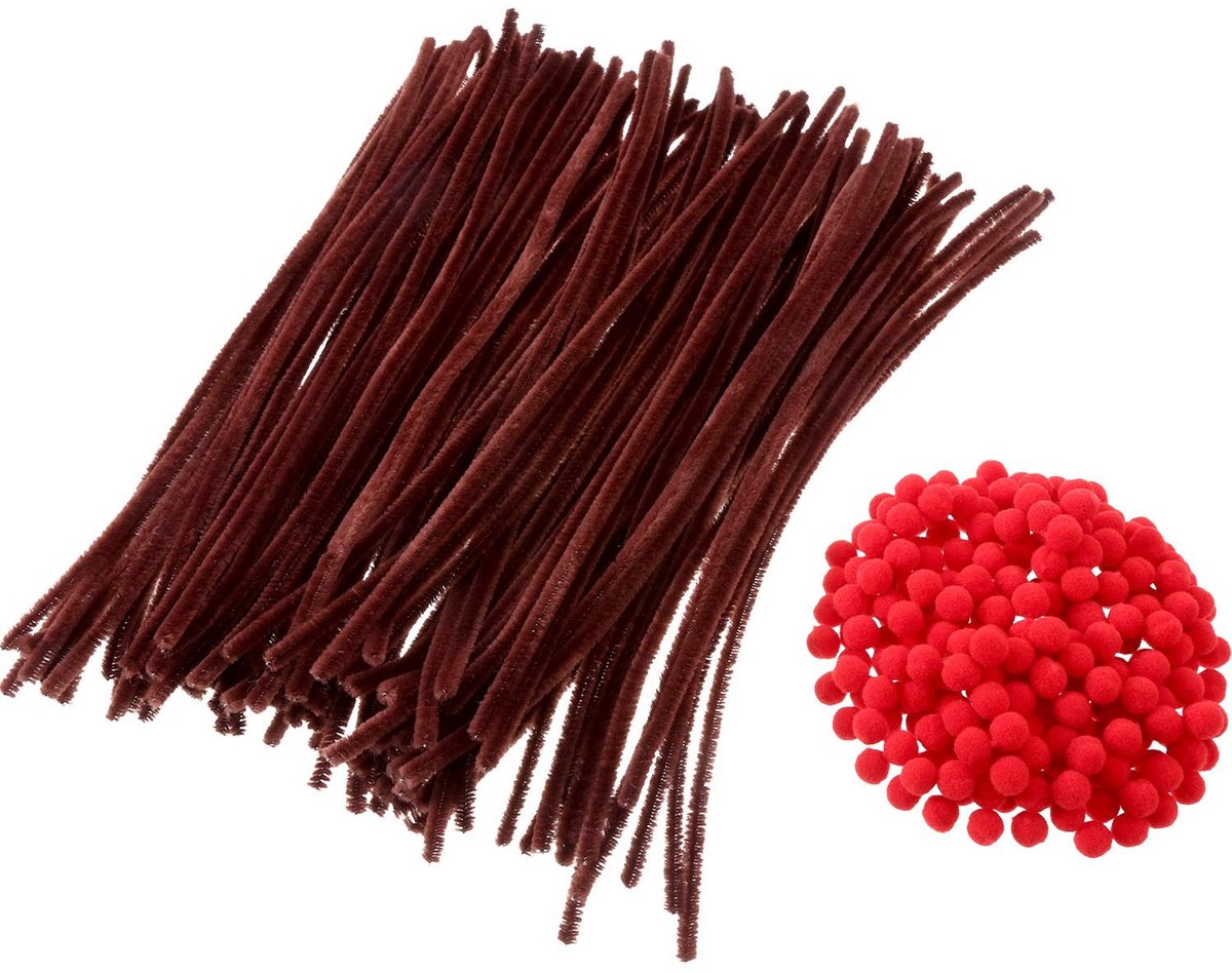 200 Stuks Rode Pompons en 100 Stuks Bruine Chenille Pijpenragers voor Kerstknutselen en DIY Projecten