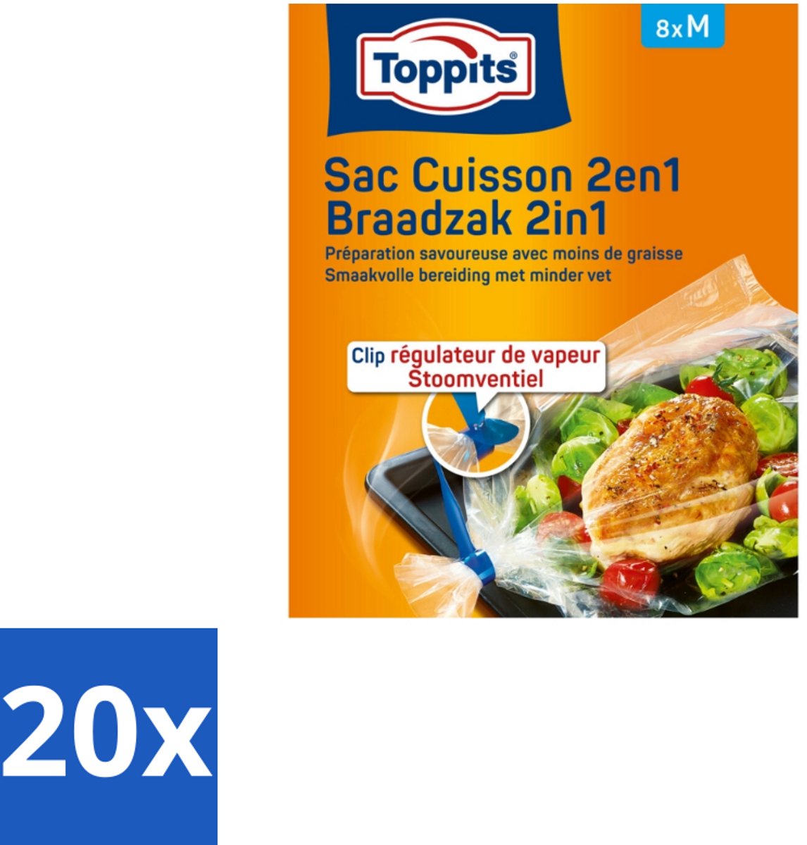 20 x Toppits – 2-in-1 Braad- & Stoomzakken – Maat M – 8 Zakjes - Voordeelverpakking - 20 stuks