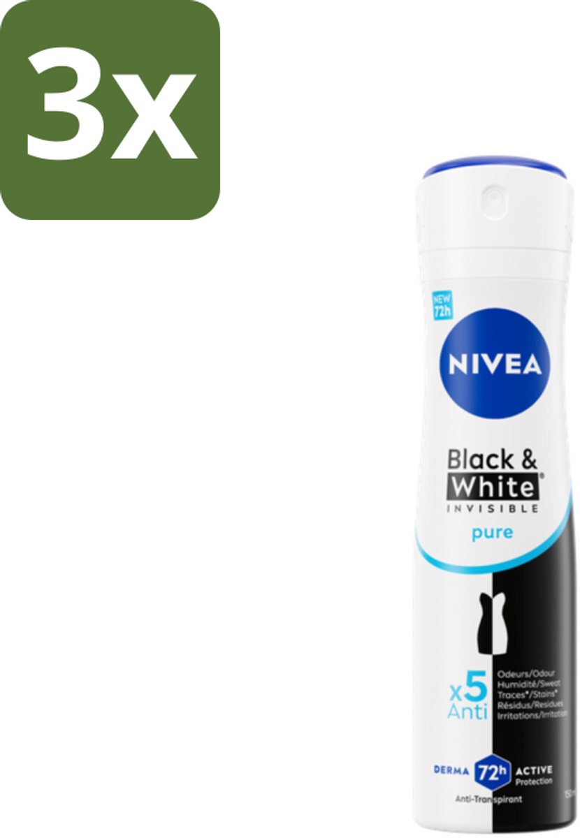 3 x NIVEA – Deodorant Spray – Black & White Invisible Pure – 150 ml - Deodorant Spray - Anti-Vlek - Onzichtbare Bescherming - 48 Uur Bescherming - Anti-Transpirant