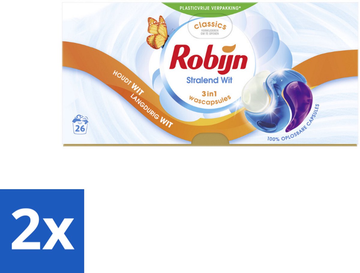 2 x Robijn – 3-in-1 Wascapsules – Stralend Wit - 26 Capsules - Wascapsules - Witte Was - Wasverzachter - Wasgeur - Wasbehandeling