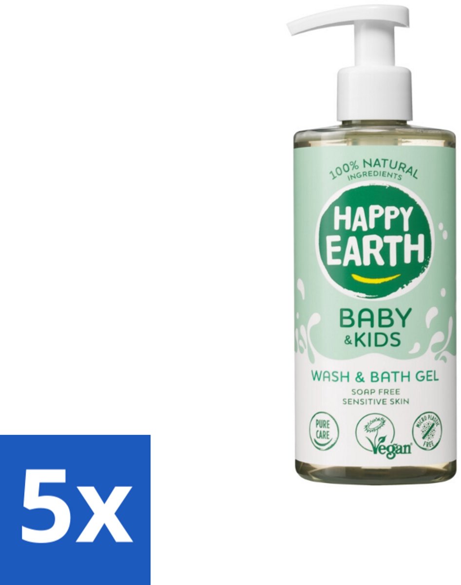 5 x Happy Earth – Was & Badgel – Zeepvrij Baby & Kids – 300 ml - Baby Wasgel - Zeepvrij Baby Wasgel - Huidverzachter - Allergeen Wasgel - 2-in-1 Wasgel