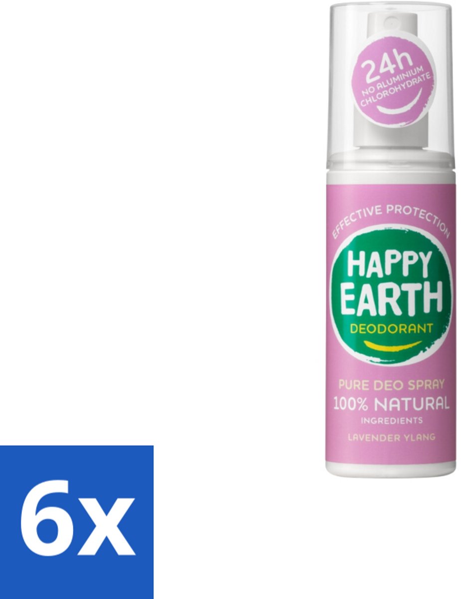6 x Happy Earth – Deodorant Spray – 100% Natuurlijk Lavender Ylang – 100 ml - Deodorant Spray - Natuurlijke Deodorant - Lavendel En Ylang-ylang - Huidvriendelijk - Vrij Van Aluminium