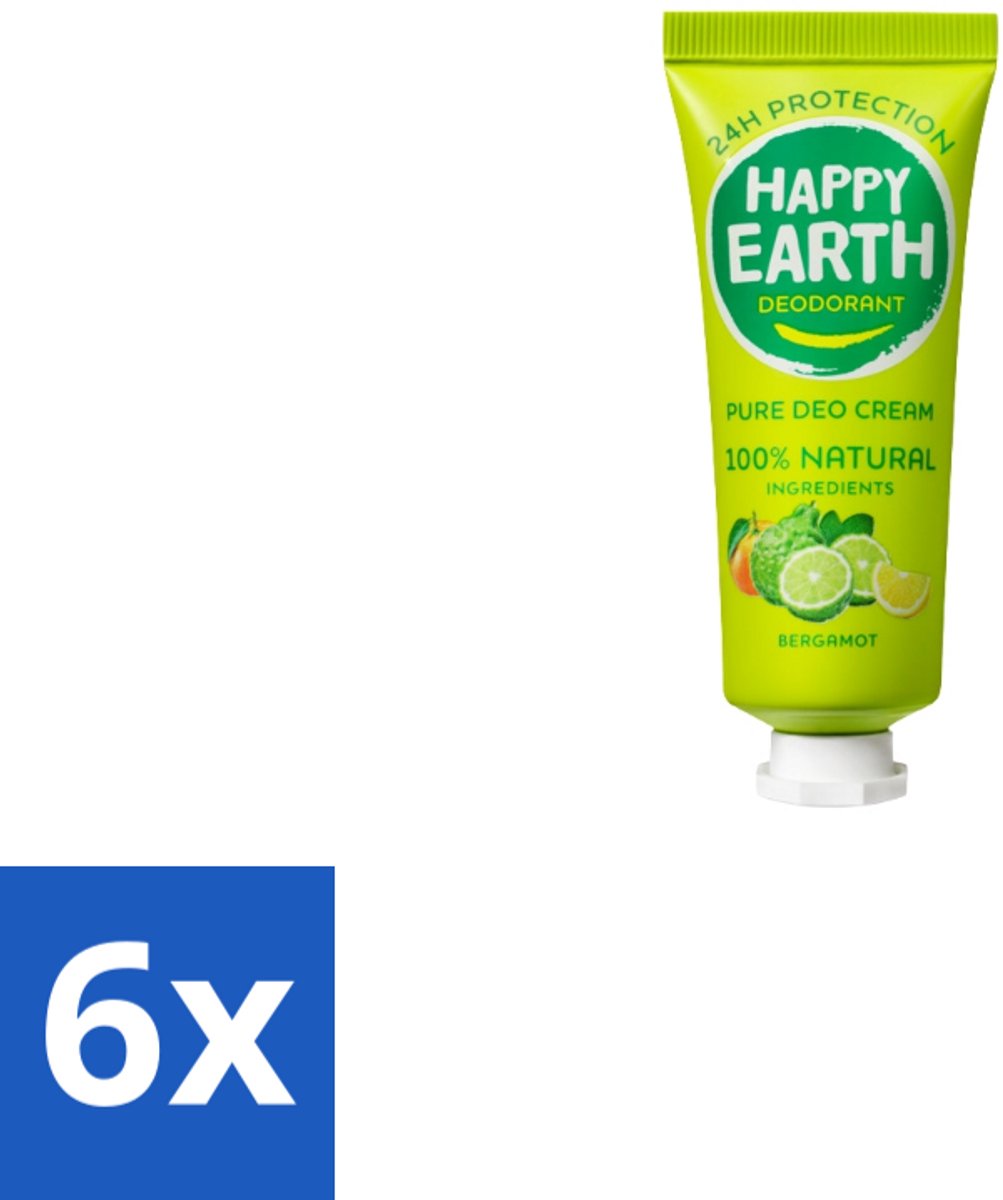 6 x Happy Earth – Deodorant Cream – 100% Natuurlijk Bergamot – 40 ml - Natuurlijke Deodorant - Bergamot Deodorant - Aluminiumvrije Deodorant - Vegan Deodorant - Huidvriendelijke Deodorant