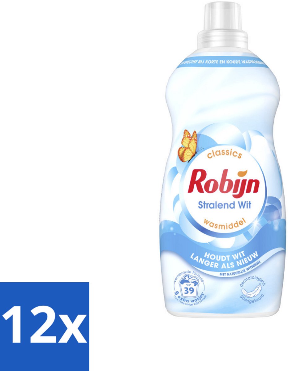 12 x Robijn – Vloeibaar Wasmiddel – Klein & Krachtig Stralend Wit – 1,19 L - Wit Wasmiddel - Wit En Licht Was - Wasmiddel Voor Wit - Wasmiddel Tegen Waas - Wasmiddel Tegen Vergeling