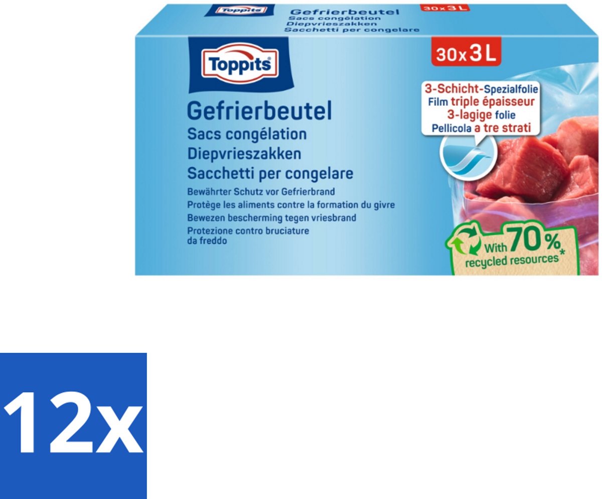 12 x Toppits – Diepvrieszakjes – 3 Liter – 30 Zakjes - Diepvrieszak 3 L - Diepvrieszak - Diepvrieszak 3 L - Vrieszak - Vrieszak 3 L