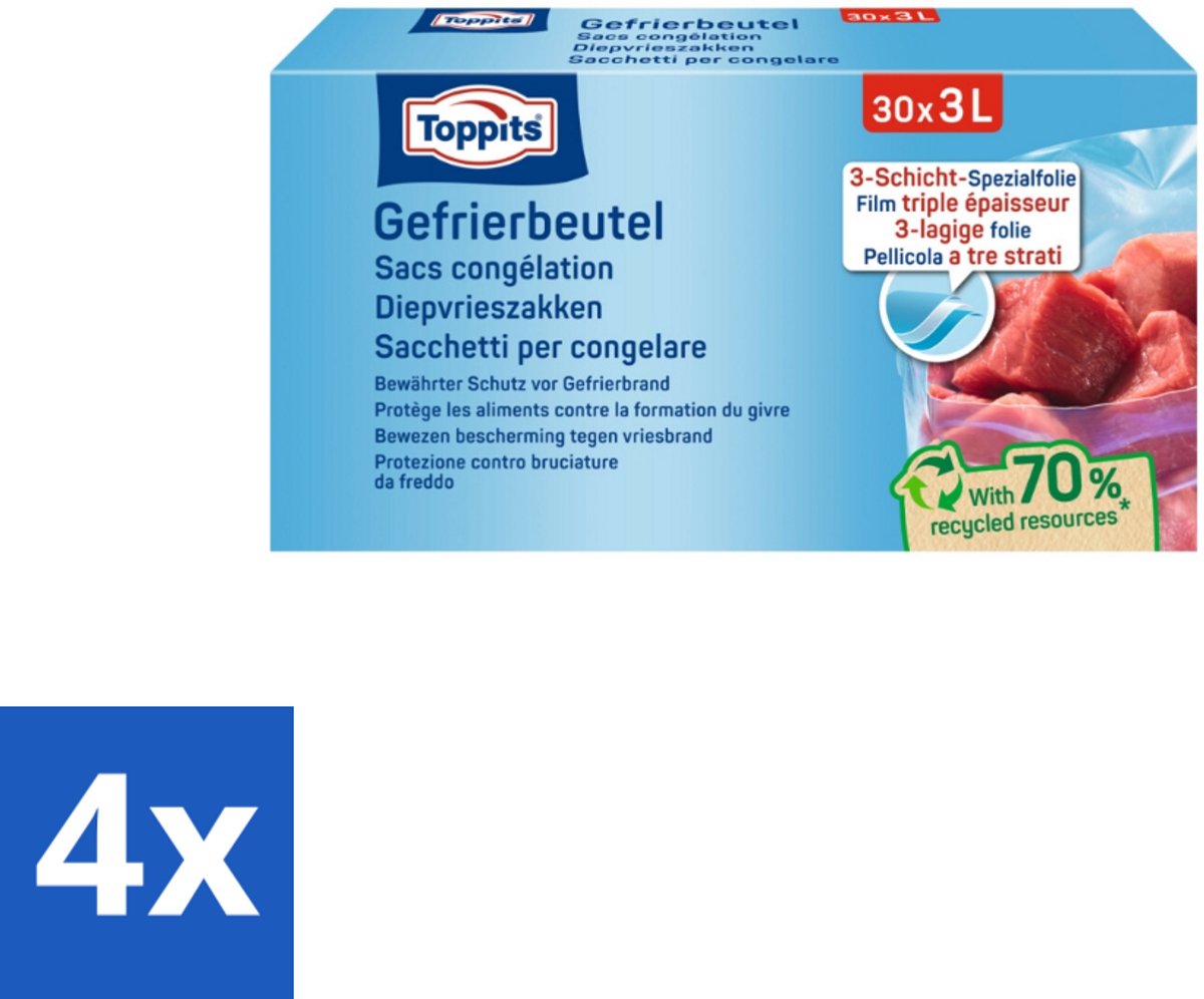 4 x Toppits – Diepvrieszakjes – 3 Liter – 30 Zakjes - Diepvrieszak 3 L - Diepvrieszak - Diepvrieszak 3 L - Vrieszak - Vrieszak 3 L