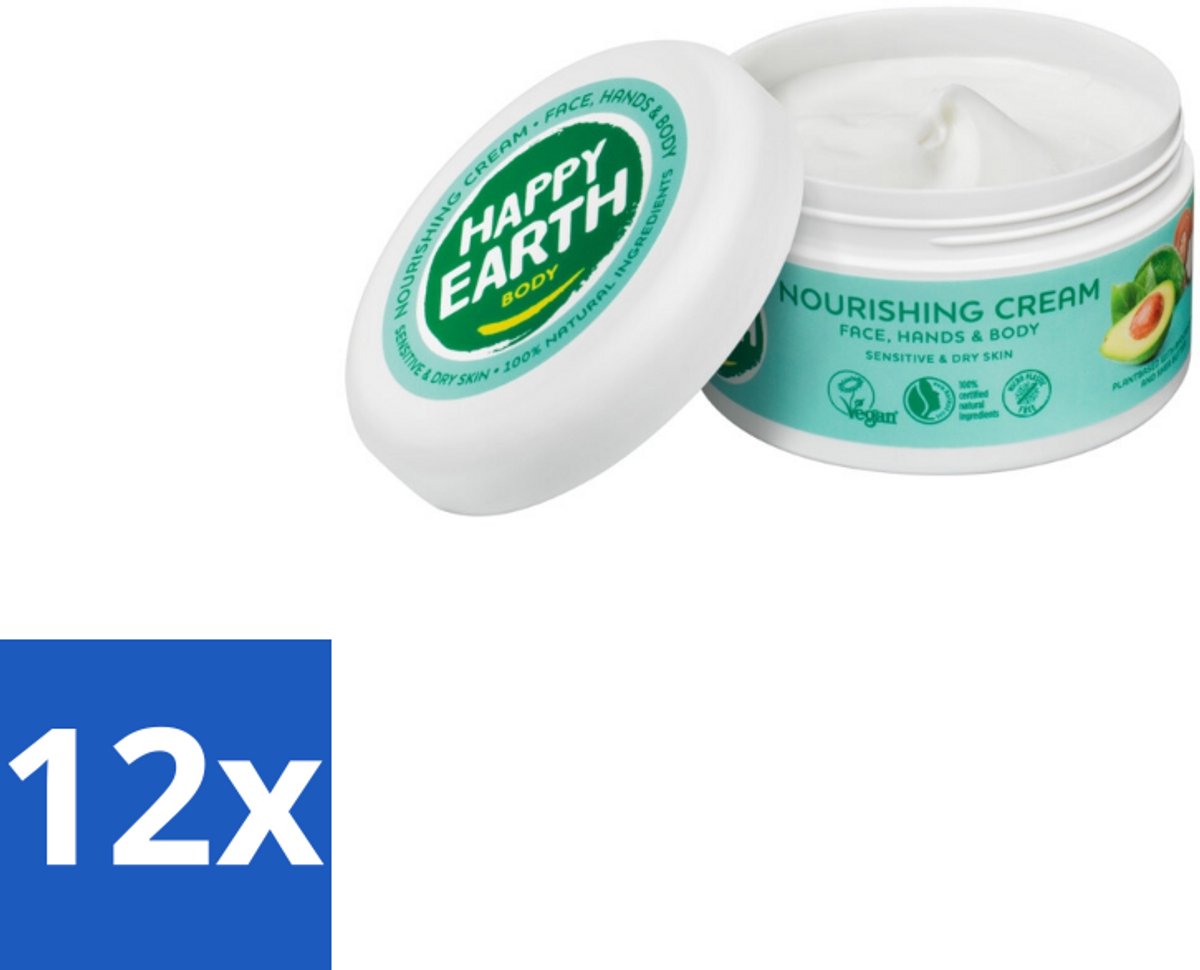12 x Happy Earth – Voedende Crème – 100% Natuurlijk – 200 ml - Natuurlijke Crème - Droge Huid Verzorging - Vegan Crème - Avocado-olie - Cacaoboter