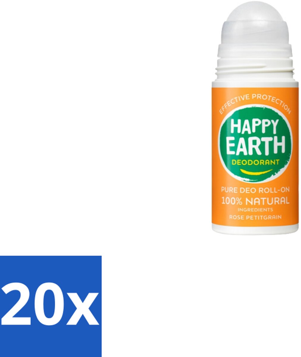 20 x Happy Earth – Deodorant Roll-On – 100% Natuurlijk Rose Petitgrain – 75 ml - 100% Natuurlijk Deodorant - Roll-on Deodorant - Bloemige Geur - Frisse Geur - Anti-irritatie