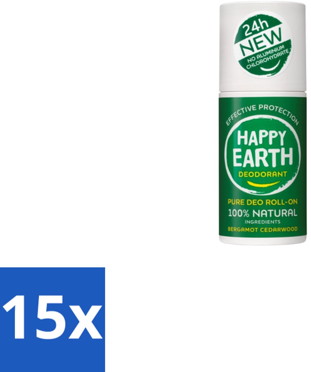 15 x Happy Earth – Deodorant Roll-On – 100% Natuurlijk Bergamot Cedarwood – 75 ml - Natuurlijke Deodorant - Bergamot - Cederhout - Roll-on Deodorant - 24 Uur Geurvervoeging