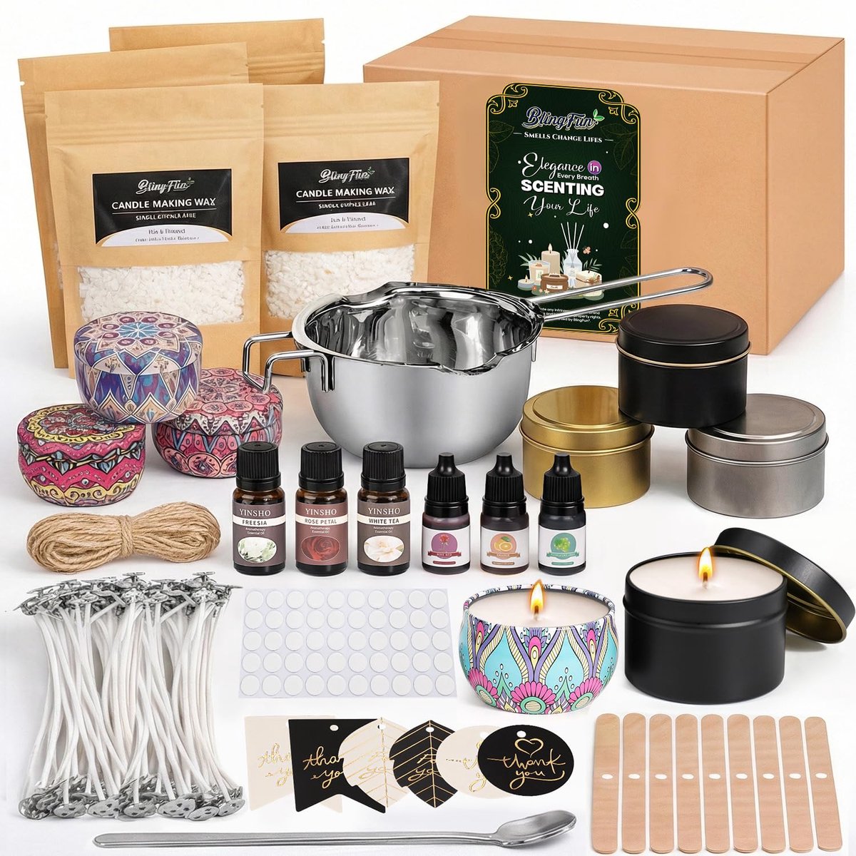 Famanu – Kaarsen maken kit voor beginners met natuurlijke sojawas, doe-het-zelf benodigdheden voor het maken van kaarsen met lonten, stickers, potten en geuroliën