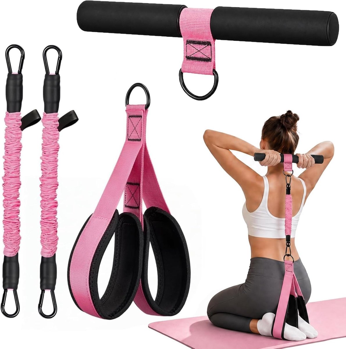 Set van 2 Weerstandsbanden van 30 Pond - Roze Pull Bands voor Thuisworkouts, Yoga en Spiertraining voor Buik, Benen, Schouders en Armen met T-vormige Schuimgrepen en Voetsteunen