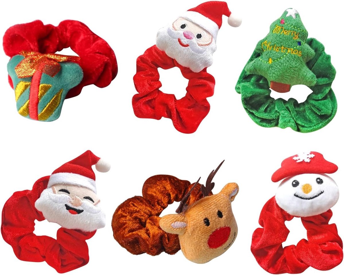 Kerst Haar Scrunchies Set van 6 - Elastische Ponytail Ties en Santa Haarbanden voor Feestelijke Kapsels en Kerstpartijen