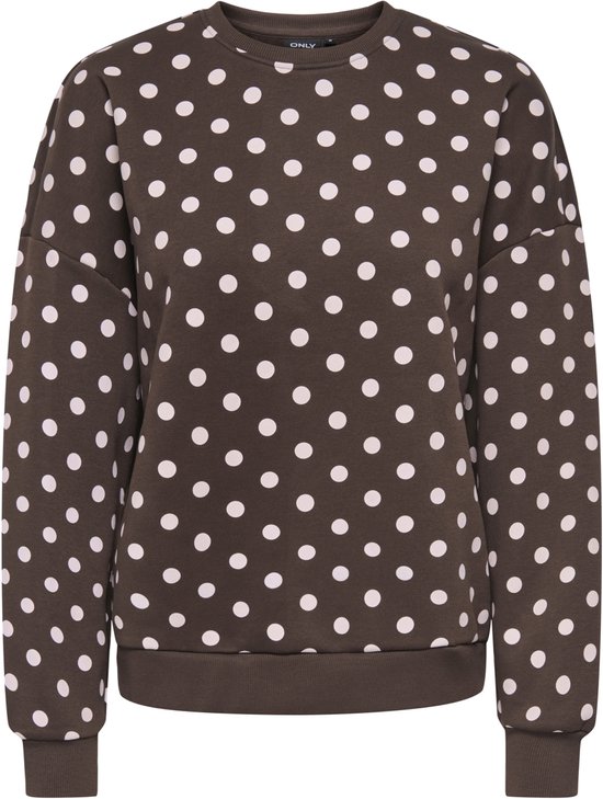 Bruine trui met een all-over roze en witte polkadotprint.