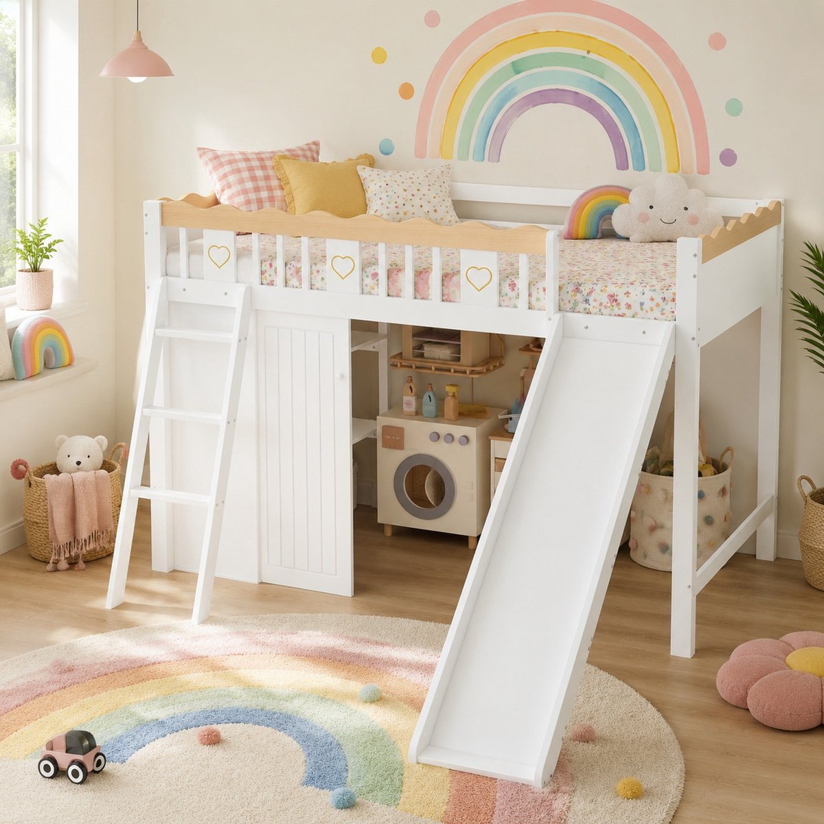 Wishdor Hoogslaper voor kinderen - Met glijbaan en trap - Met opbergruimte en uitvalbeveiliging - Scandinavische stijl - Kinderkamer - Hout en MDF - Wit natuur - 231,5 x 205 x 136 cm