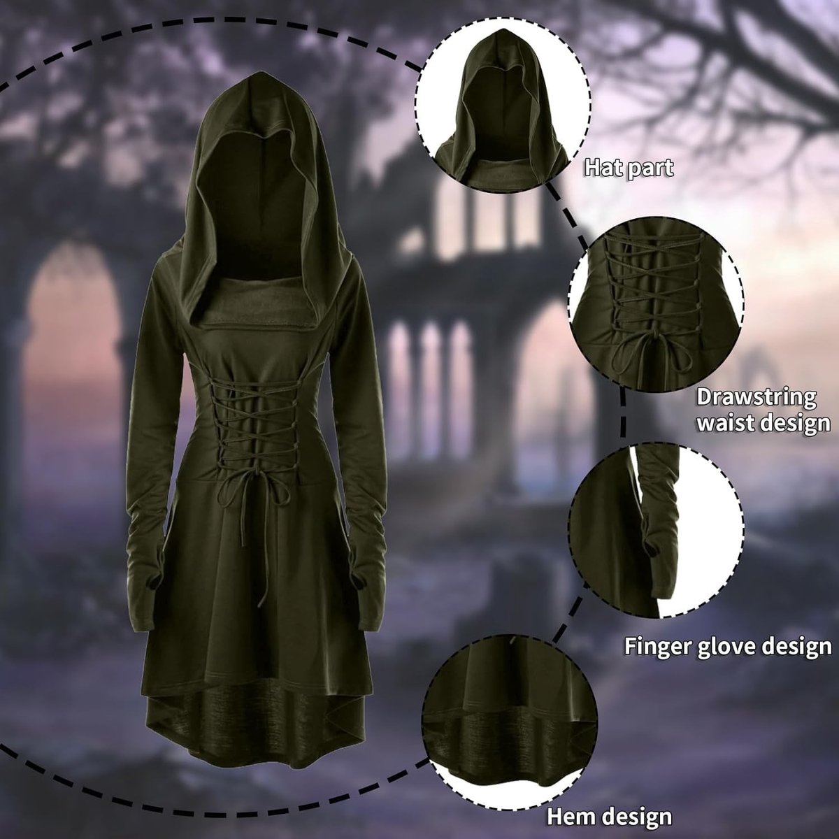 Renaissance Jurk met Kap voor Dames - Middeleeuws Kostuum Set met Armbeschermers, Ceintuur, Tas en Kousen Accessoires