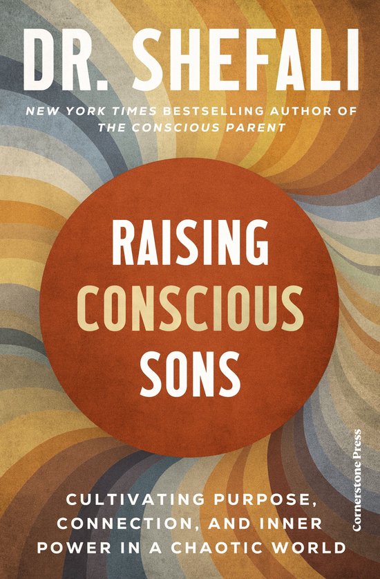 Boek 'Raising Conscious Sons' van Dr. Shefali, met oranje en gele cirkels op de achtergrond.