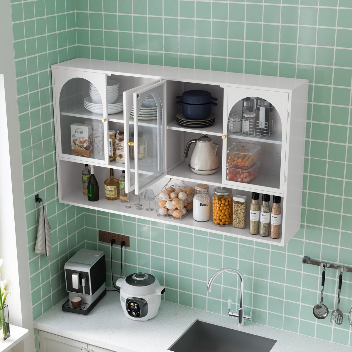 Wandkast Met 4 Deuren Van Glas En Metaal Voor Keuken En Woonkamer Wit Met Grijs Glas 120 X 23 X 70 Cm Voor Wandmontage