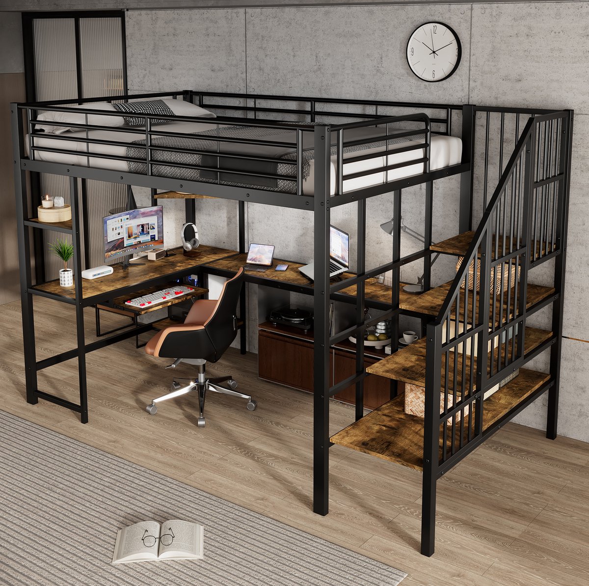 Wishdor Hoogslaper met bureau en trap - Met laad aansluiting en opbergruimte - Metaal en MDF - Voor kinderkamer en studiehoek - Zwart en donker houtlook - 120 x 200 cm
