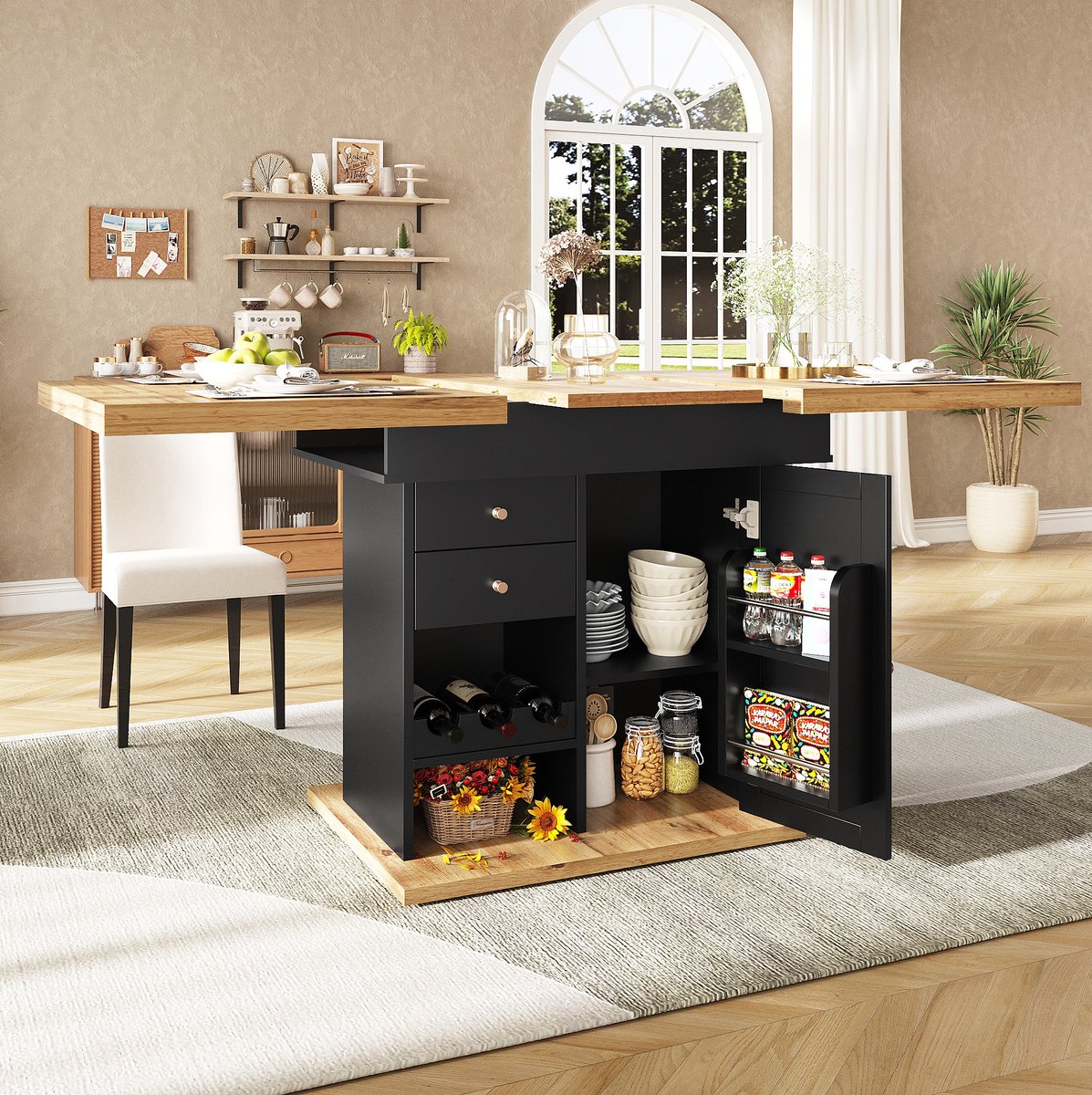 Wishdor Eettafel uitschuifbaar 110-140 x 80 cm - Modern design - MDF en metaal - Opbergruimte met lade wijnrek snackrek - Zwart naturel - Voor keuken woonkamer