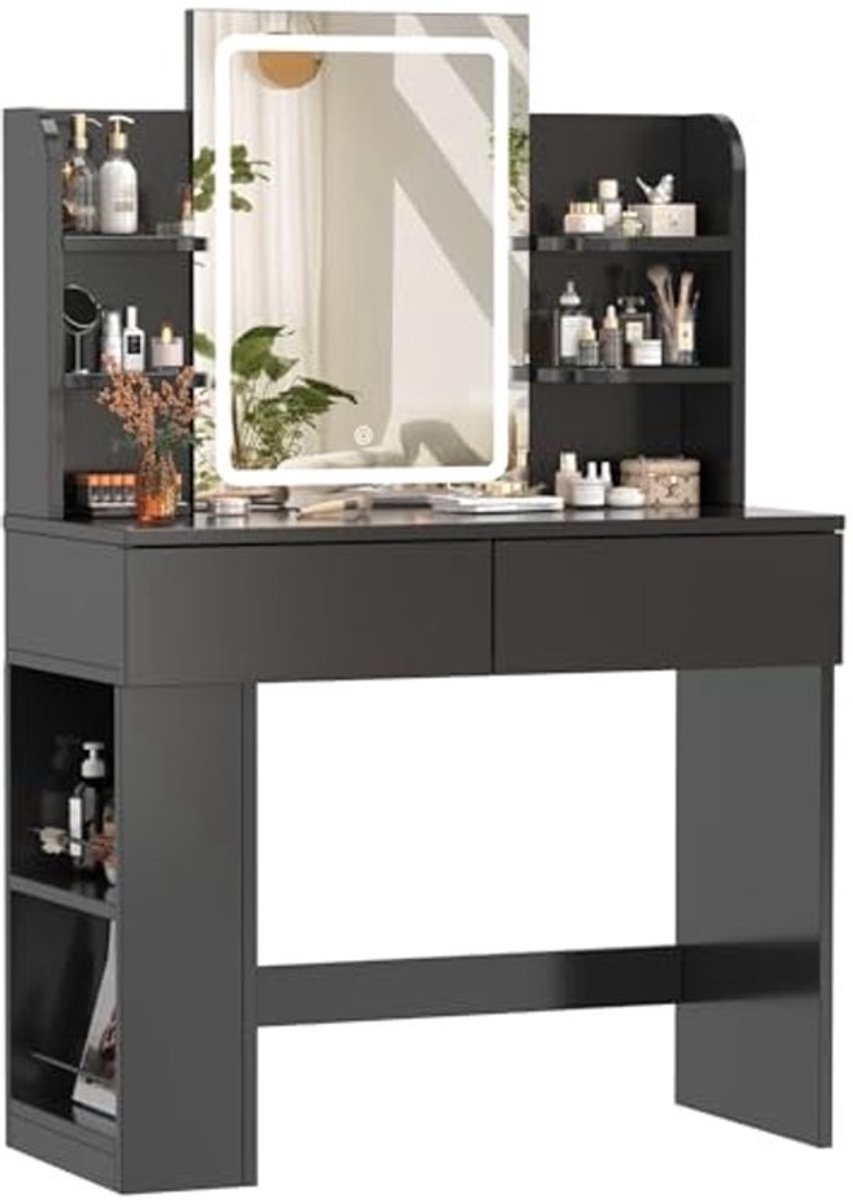Moderne Kaptafel met Spiegel en Verlichting - Makeup Tafel met 2 Lades en 4 Planken (90 x 40 cm)