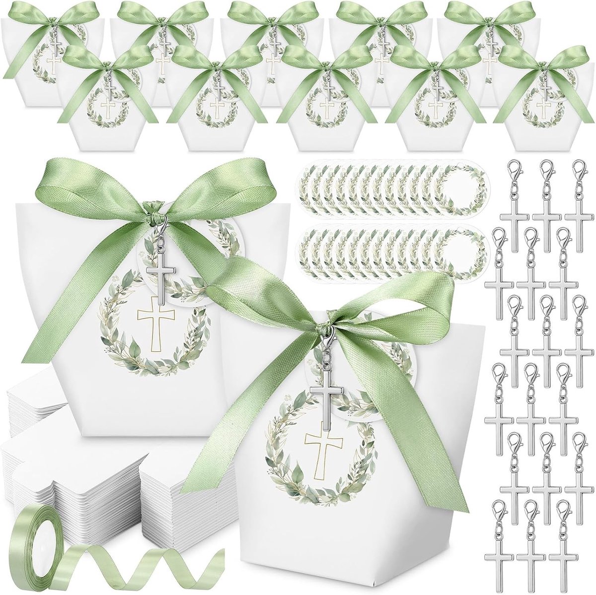 Set van 30 Cadeauboxen met Lint en Sleutelhanger - Decoratieve Eucalyptus Labels voor Doop, Bevestiging en Bruiloft