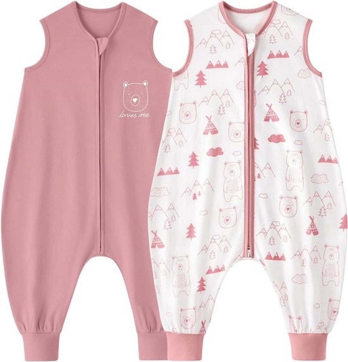 Set van 2 babyzomerslaapzakken met voeten, 0,5 TOG, 100% katoen, voor kinderen van 3-4 jaar, 90 cm, roze