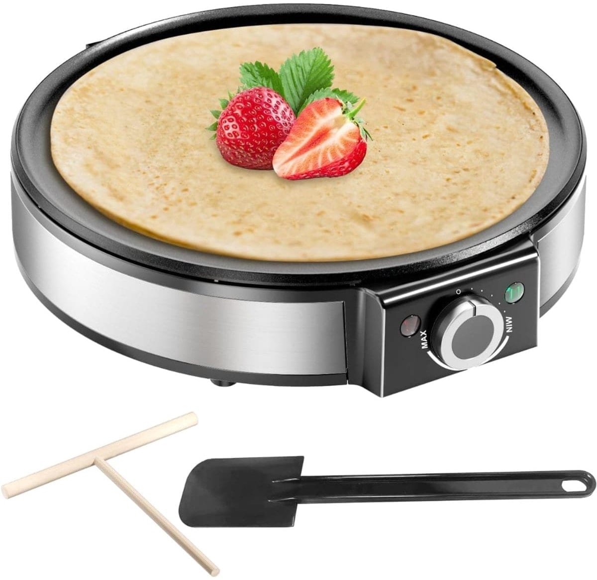 Klarven® Pannenkoekenmaker Zilver - 1200 Watt met Temperatuurcontrole - Anti-aanbaklaag, Incl. Deegdispenser en Spatel - Gelijkmatige Warmteverdeling