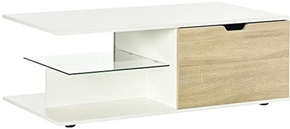 Moderne rechthoekige salontafel met opbergladen en glazen plank - Wit