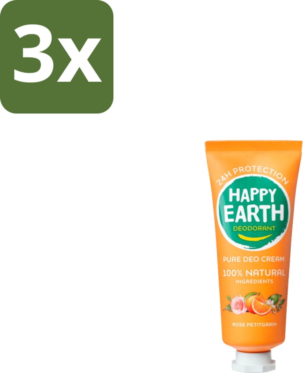 Happy Earth – Deodorant Cream – 100% Natuurlijk Rose Petitgrain – 40 ml - Bulkverpakking - 3 stuks