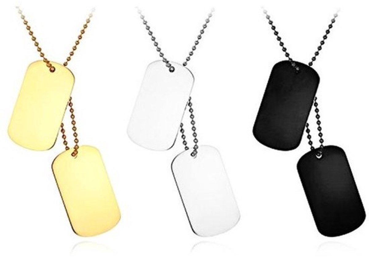 JewelryWe Sieraden Heren Dog Tag Halsketting, personaliseerbaar, roestvrij staal 2 hoogglans gepolijste identiteitsplaatjes dog tags hanger met 60 cm ketting, zilver/zwart/goud, Roestvrij staal