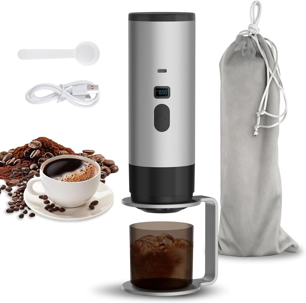 Draagbare Koffiemaker - Mini Espresso - Koffie Maken - Oplaadbaar Met Verwarmer - 120 ml/min - Sterren Grijs