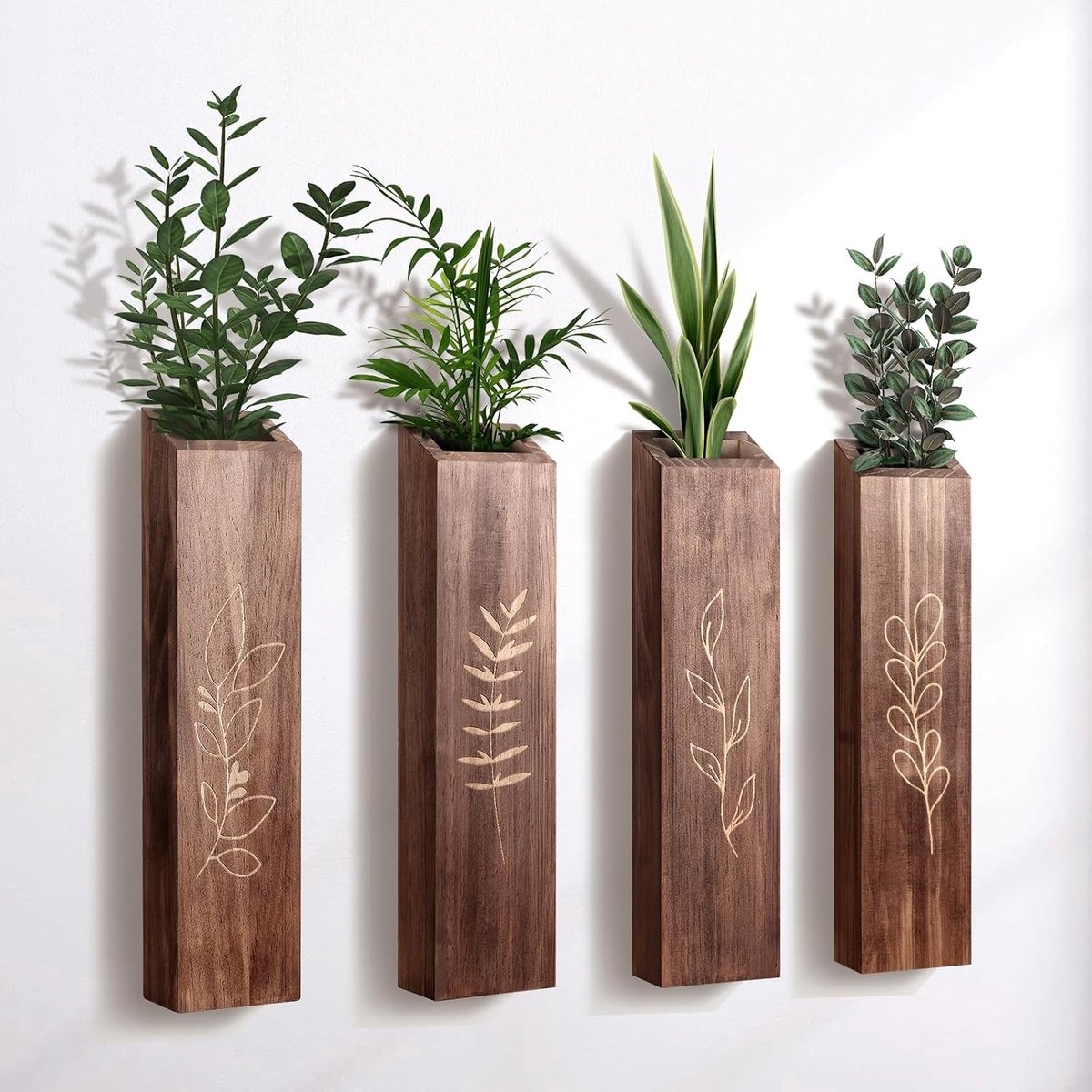 KZQ Bruine Set Van 4 Houten Wandplantenbakken Modern Boheems Wanddecoratie voor Woonkamer Slaapkamer Zakvazen voor Droogbloemen en Kunstgroen