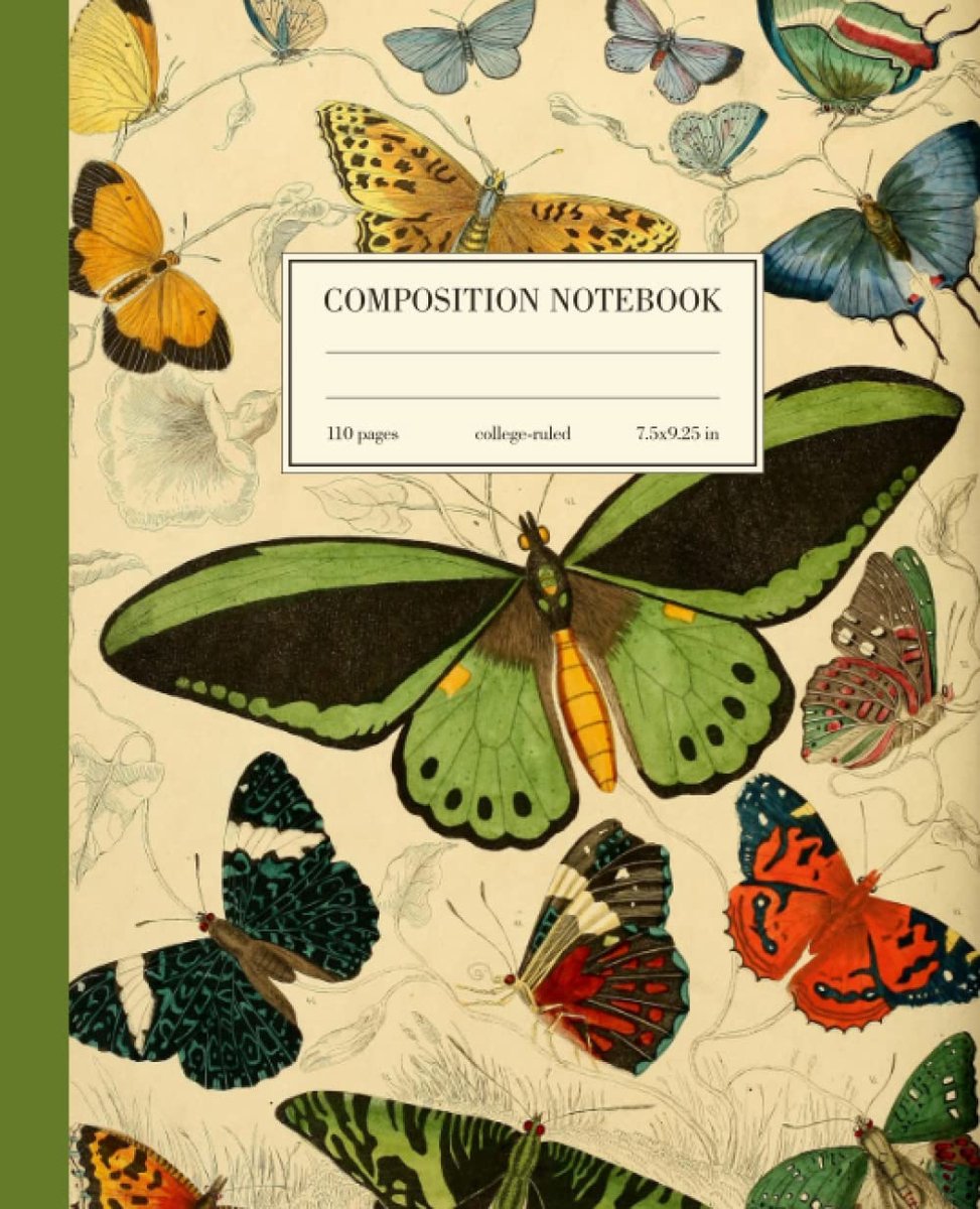 Composition Notebook College Ruled: Green Butterfly Vintage Botanical Illustration - ShopVlot