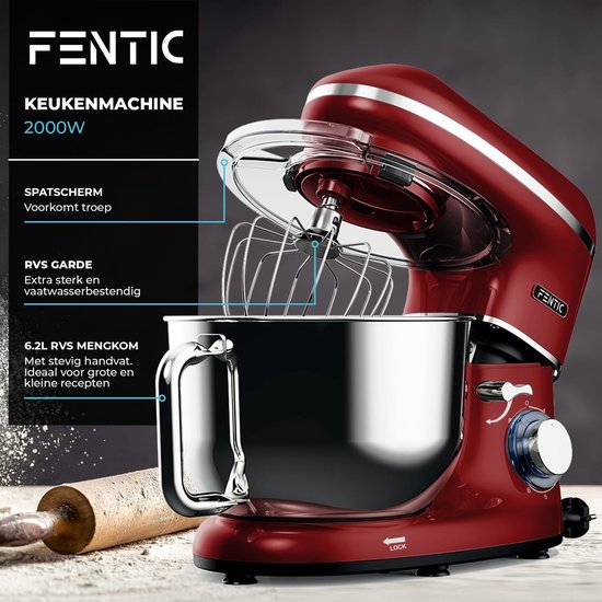 Keukenmachine - Keukenrobot Mixer - Deeg Kneden - 2000W Motor - 6.2L Kom - Rood — afbeelding 3