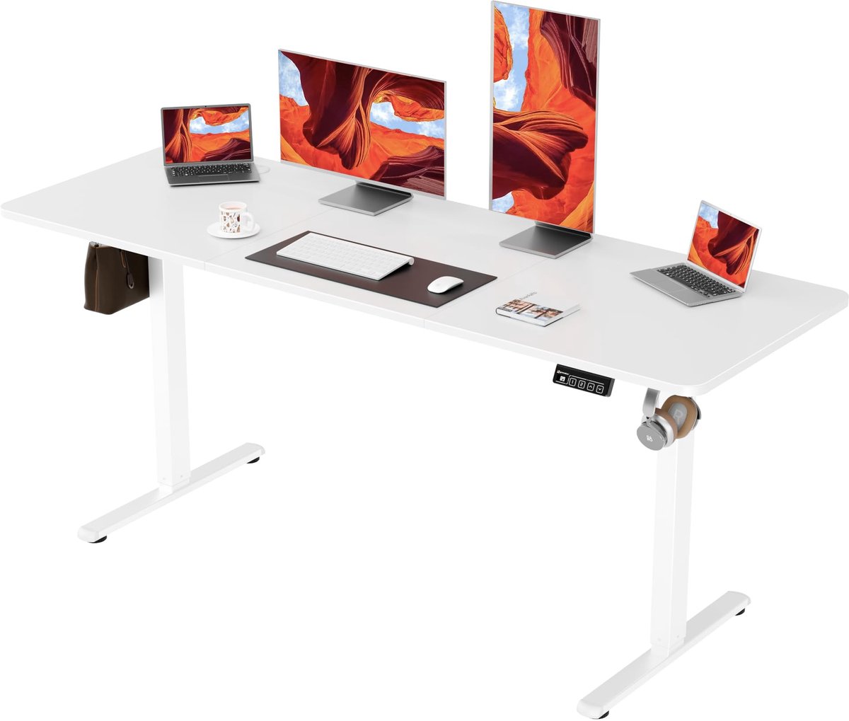 ERGOMAKER Elektrisch in hoogte verstelbaar bureau, 170 x 60 cm, in hoogte verstelbare tafel met splitplaat (wit frame - ShopVlot