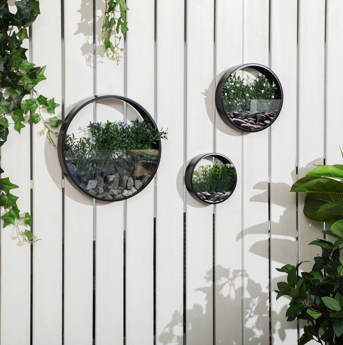 REDOM - Wandvase set van 3 - Rond en stapelbaar - Wanddecoratie voor binnen en buiten - Staal - Zwart - Ø30,5 x 5 cm, Ø20,5 x 5 cm, Ø15,5 x 5 cm