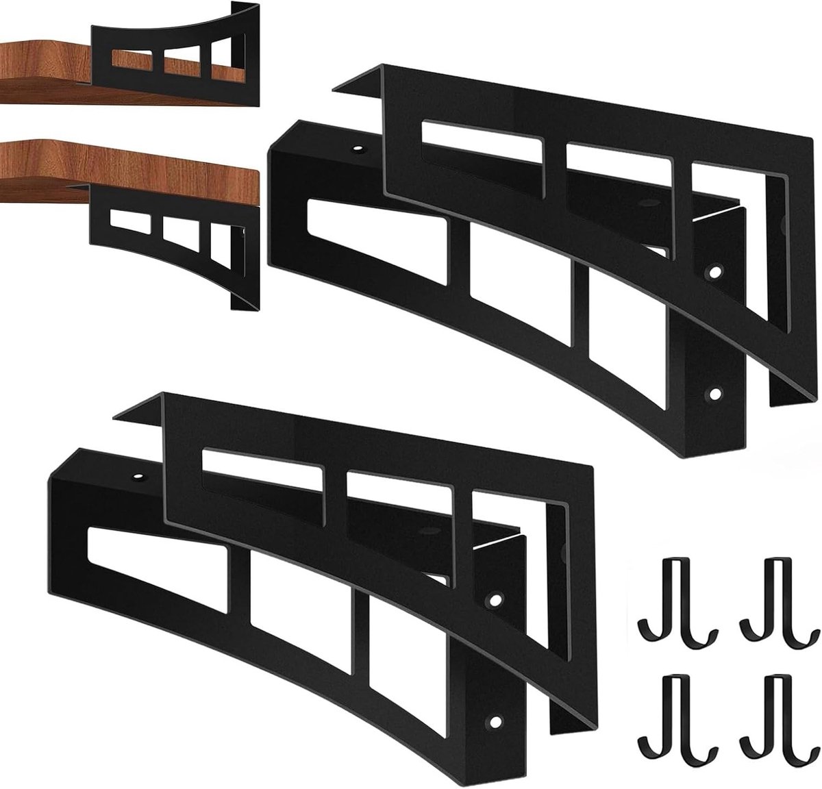 Set van 4 Wandplankhouders met Haken, Driehoekige en Rechthoekige Planken voor Houten Planken, Zwart Metaal, Ideaal voor Thuisdecoratie en Opslag
