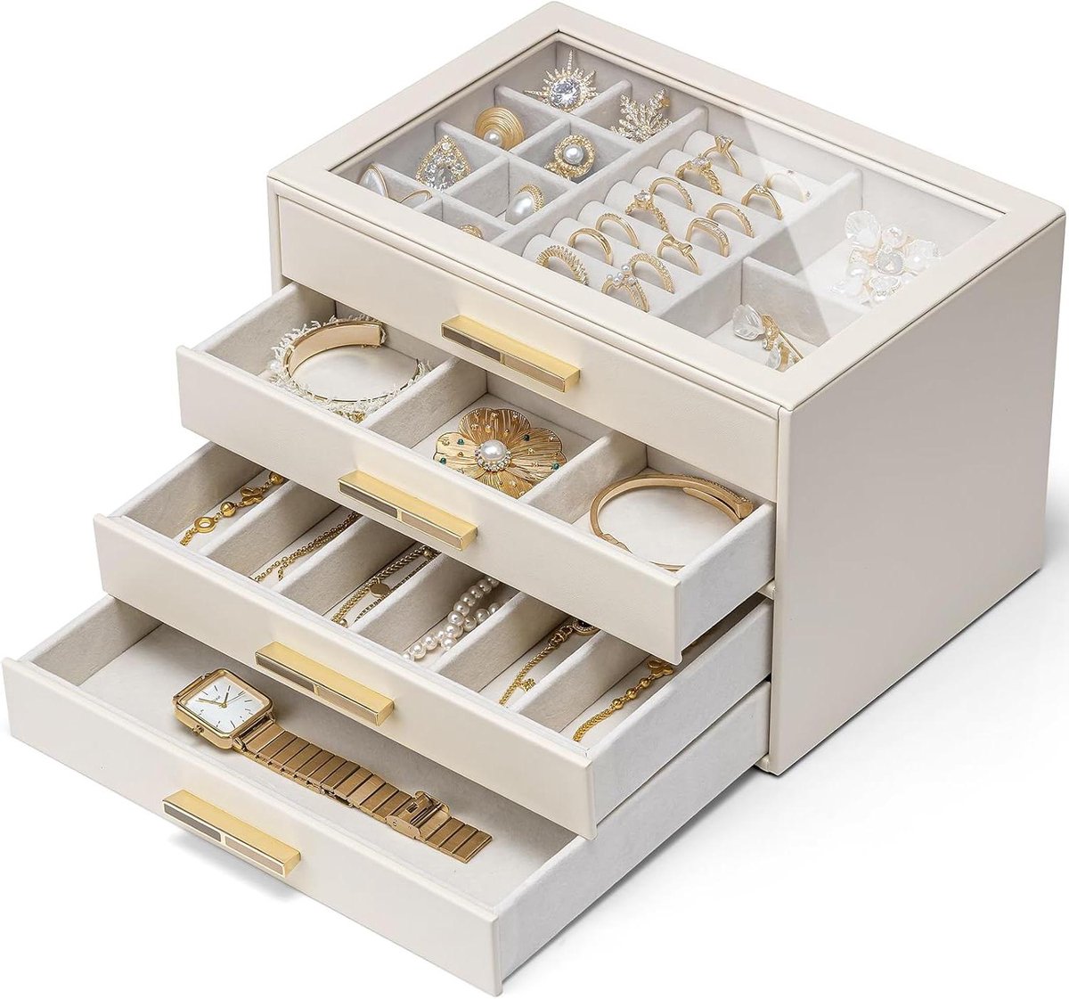 Juwelendoos - Opbergdoos - Sieraden organiseren - Glazen deksel - 4 niveaus - Wit